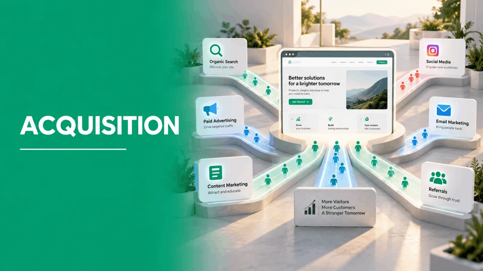 schéma d'acquisition marketing digital montrant les canaux organic search paid advertising content marketing social media email marketing et referrals conduisant à un site web