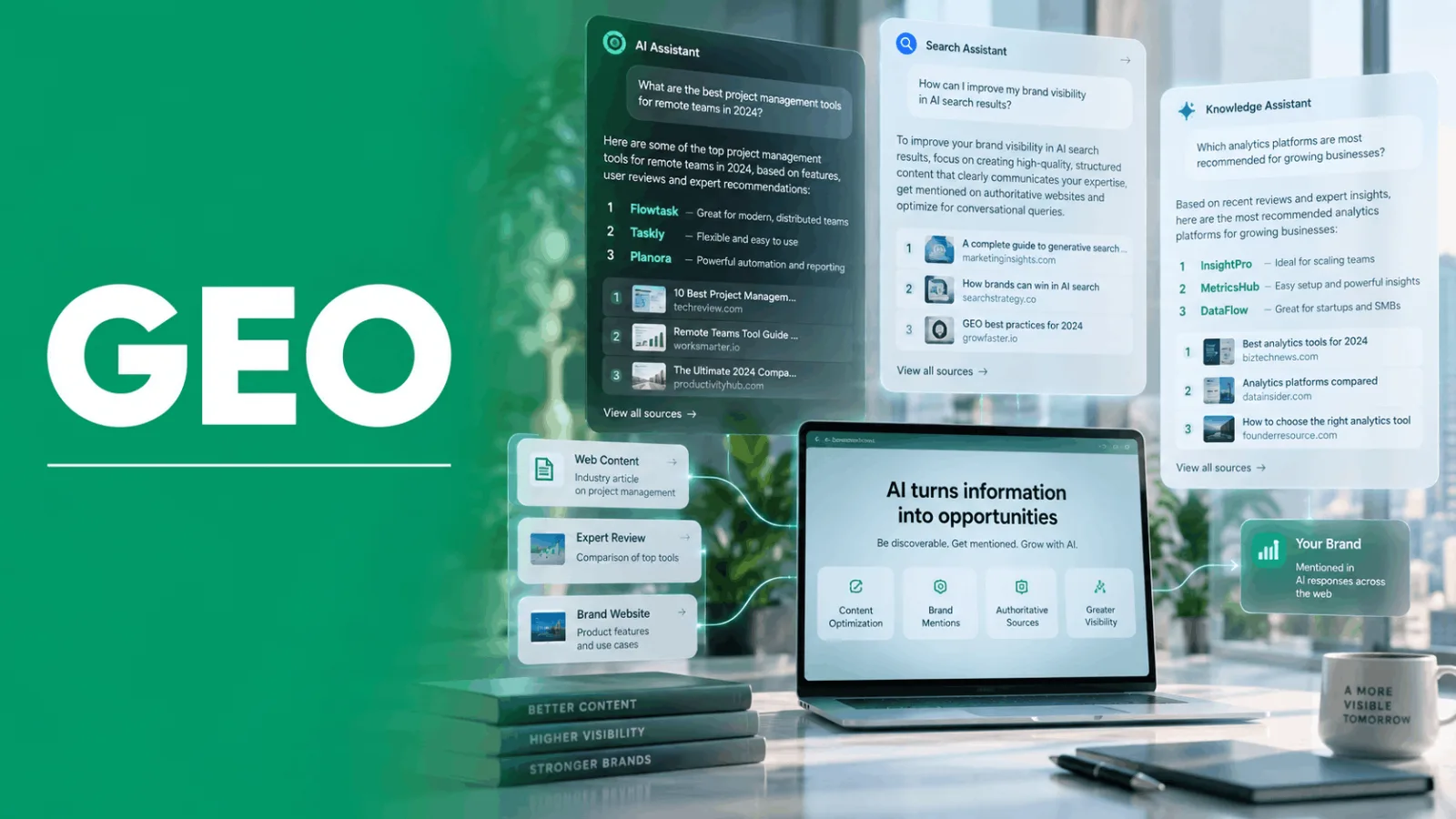 un ordinateur portable affiche ai turns information into opportunities avec des bulles d'assistant ai et le mot geo en grand
