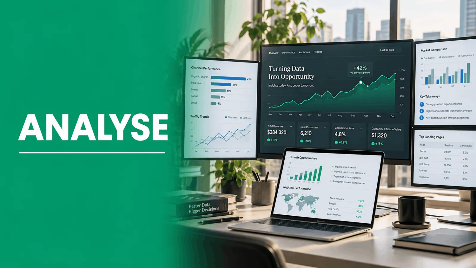 écran d'ordinateur et écrans d'ordinateurs affichant des graphiques et statistiques avec le mot analyse en grand