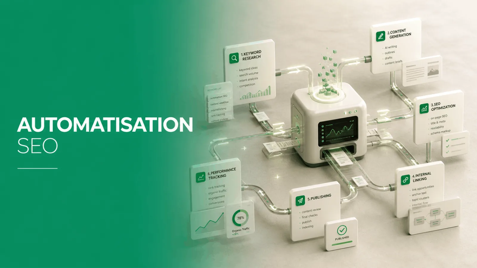 Illustration représentant les étapes de l'automatisation seo avec keyword research content generation seo optimization internal linking publishing et performance tracking