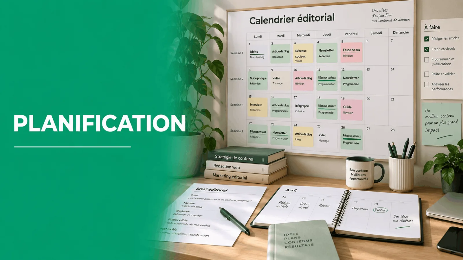 calendrier éditorial affiché sur un mur avec planning des contenus et bureau avec livres stylo carnet tasse marquée bon contenu meilleures opportunités