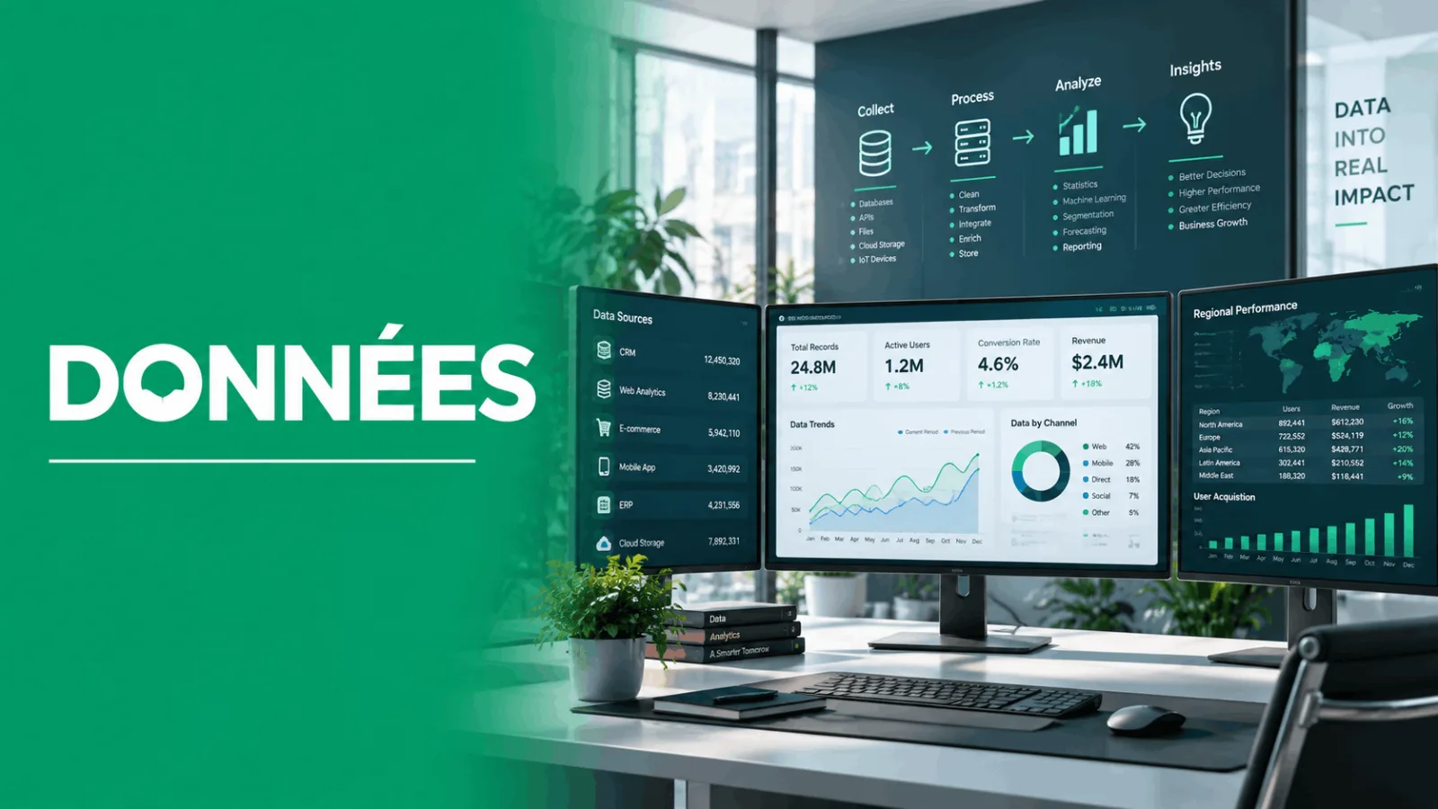 Un bureau avec trois écrans affichant des tableaux de bord d'analyse de données et la mention données en grand sur fond vert