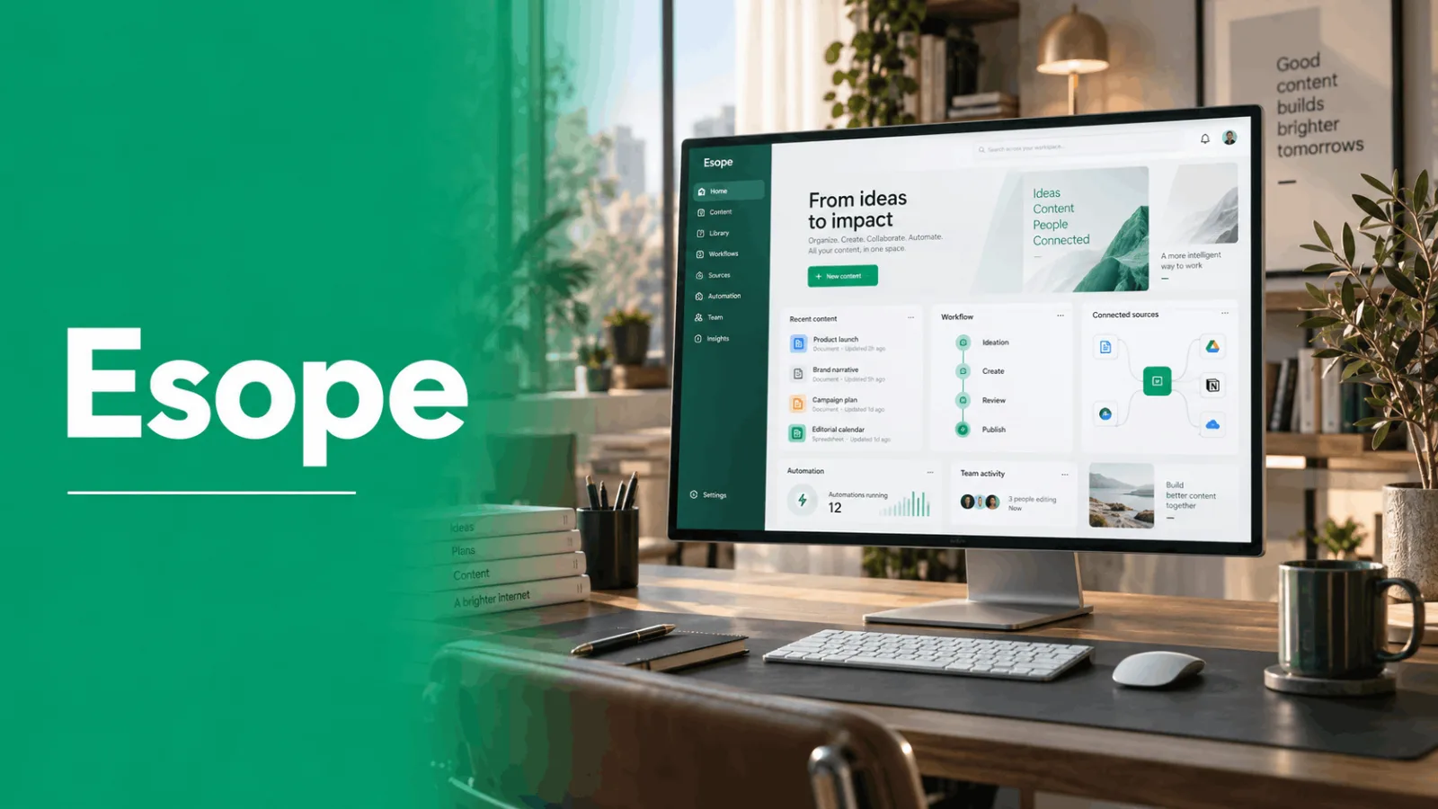 bureau moderne avec un écran affichant le logiciel esope et le texte from ideas to impact