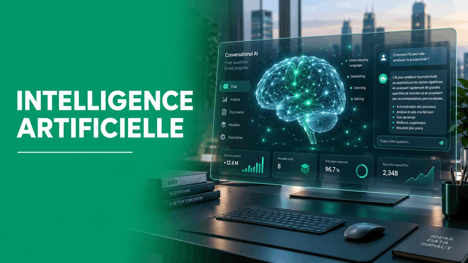 écran futuriste montrant une interface d'intelligence artificielle avec un cerveau numérique et texte expliquant ses capacités