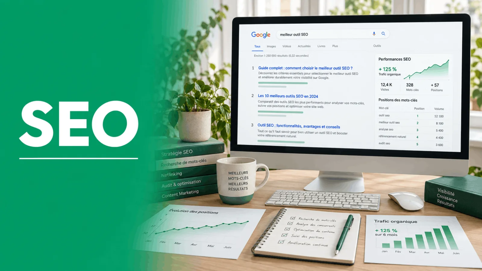 ordinateur affichant une recherche Google pour meilleur outil SEO avec des graphiques de performances SEO et du trafic organique