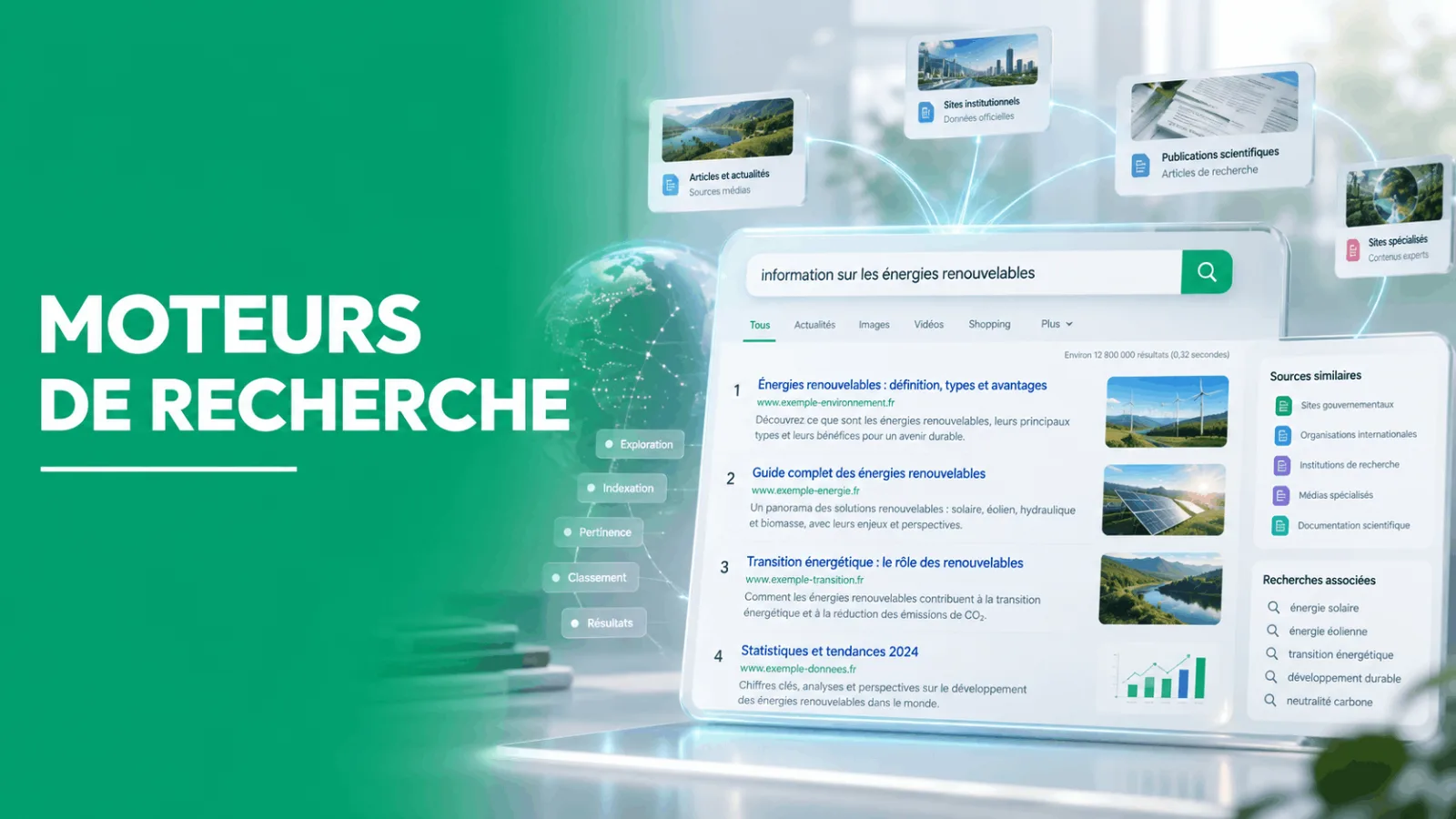 Interface d'un moteur de recherche affichant les résultats pour information sur les énergies renouvelables avec des sources variées et recherches associées
