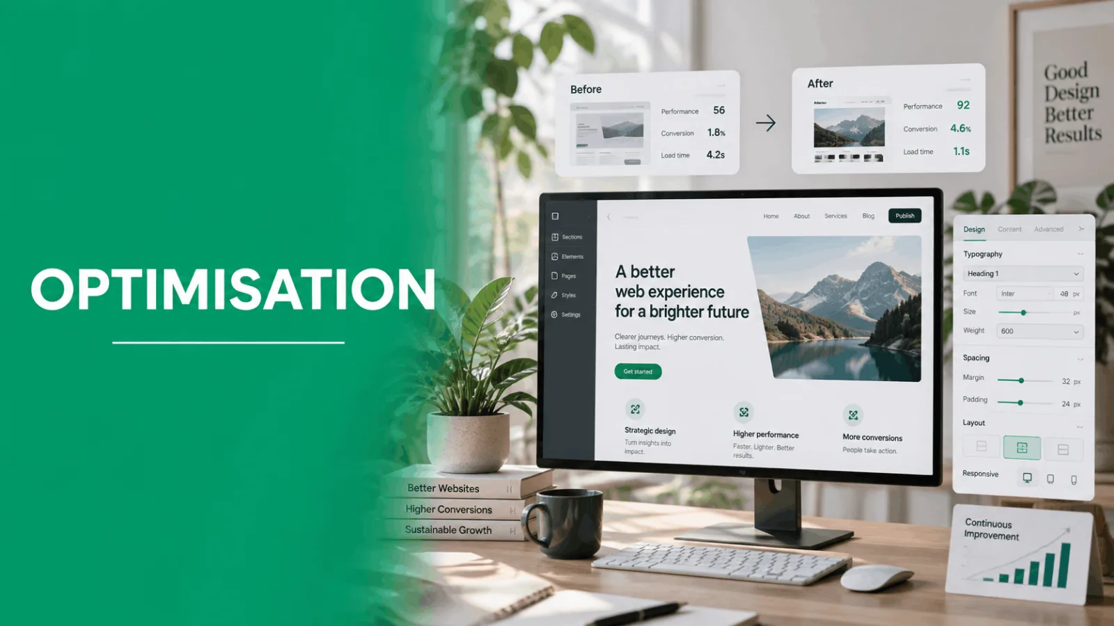 écran d'ordinateur montrant l'optimisation web avec des indicateurs avant et après performance conversion et temps de chargement