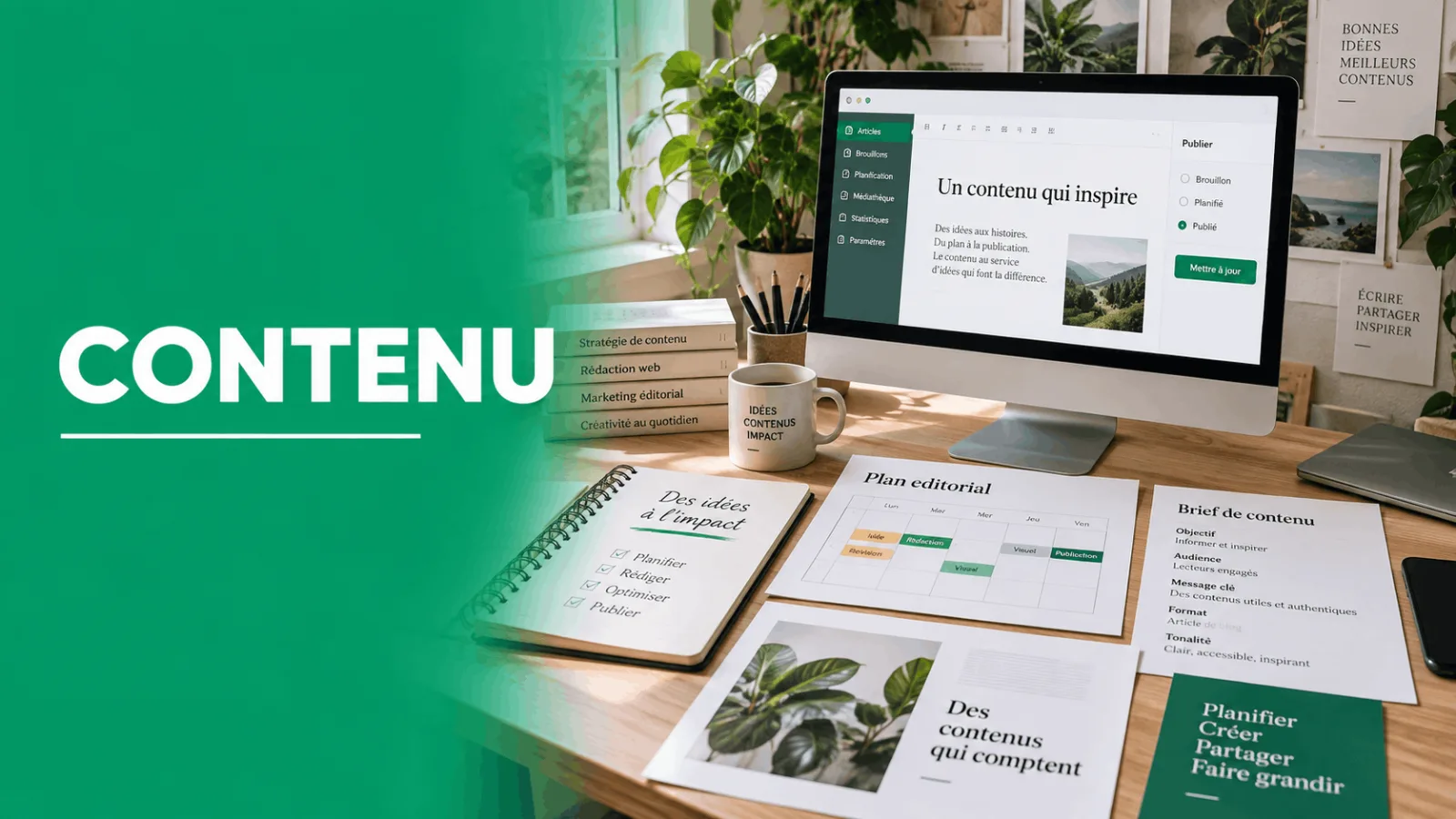 bureau avec un ordinateur affichant un plan editorial et plusieurs documents sur le contenu et la strategie de contenu