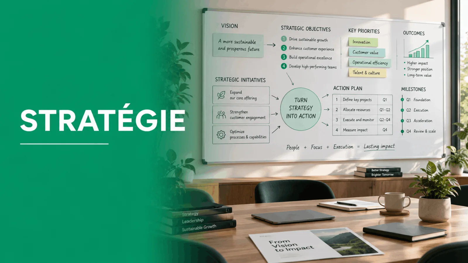 tableau blanc détaillant un plan de stratégie avec la mention tournée stratégie en action et les mots vision objectifs stratégiques priorités clés résultats étapes