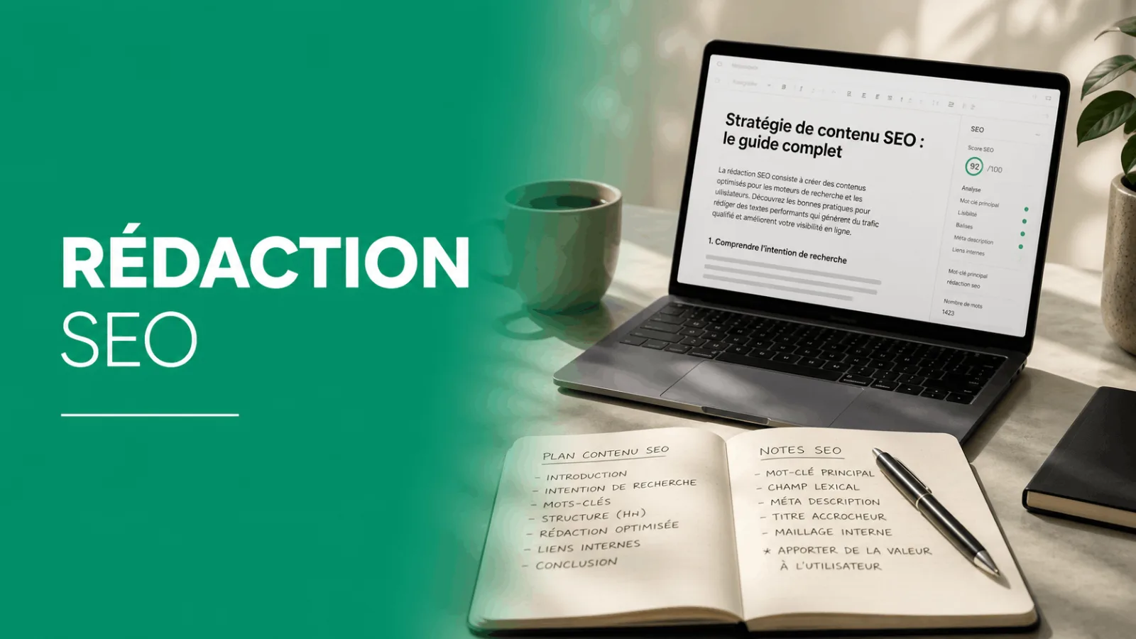 un ordinateur portable affiche un guide complet sur stratégie de contenu SEO à côté d'un carnet ouvert avec des notes de plan contenu seo et notes seo
