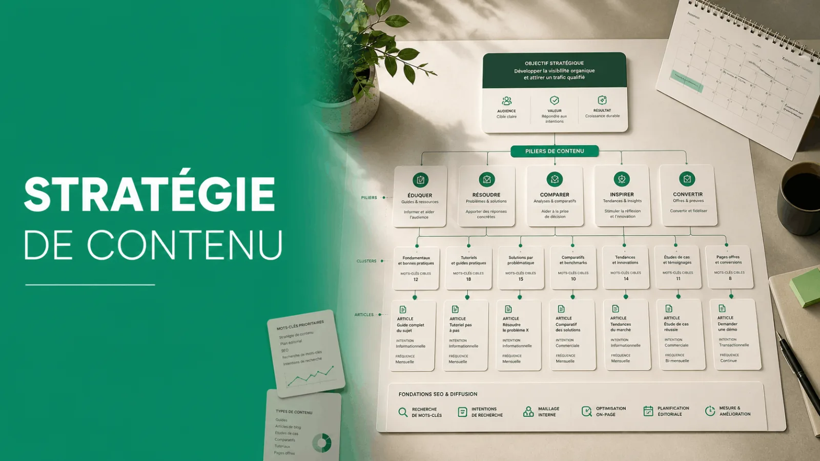 schéma détaillé de stratégie de contenu avec des objectifs, piliers, clusters et articles, accompagné d'un calendrier et d'une tasse de café
