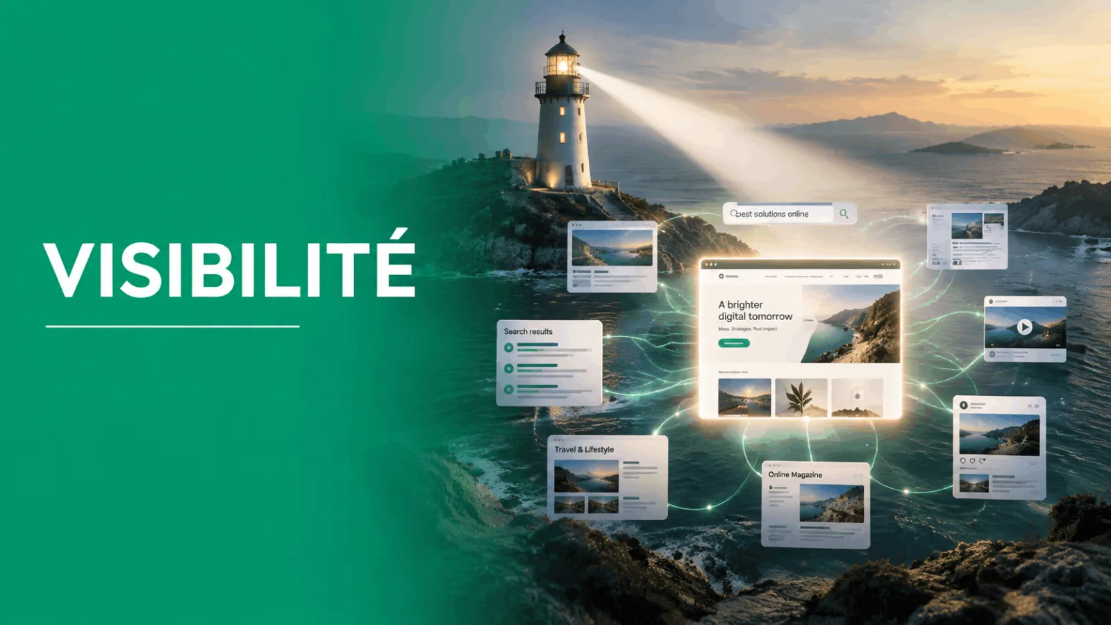 Un phare éclaire des interfaces web flottant au-dessus de la mer avec le texte visibilité en premier plan