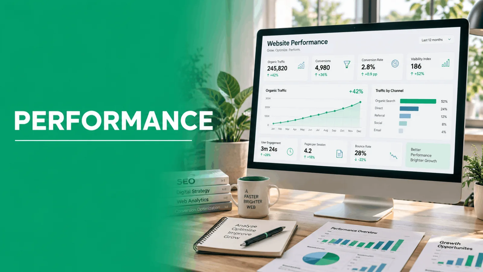 Un écran d'ordinateur affiche des données de website performance avec des graphiques et statistiques sur trafic organique et conversions